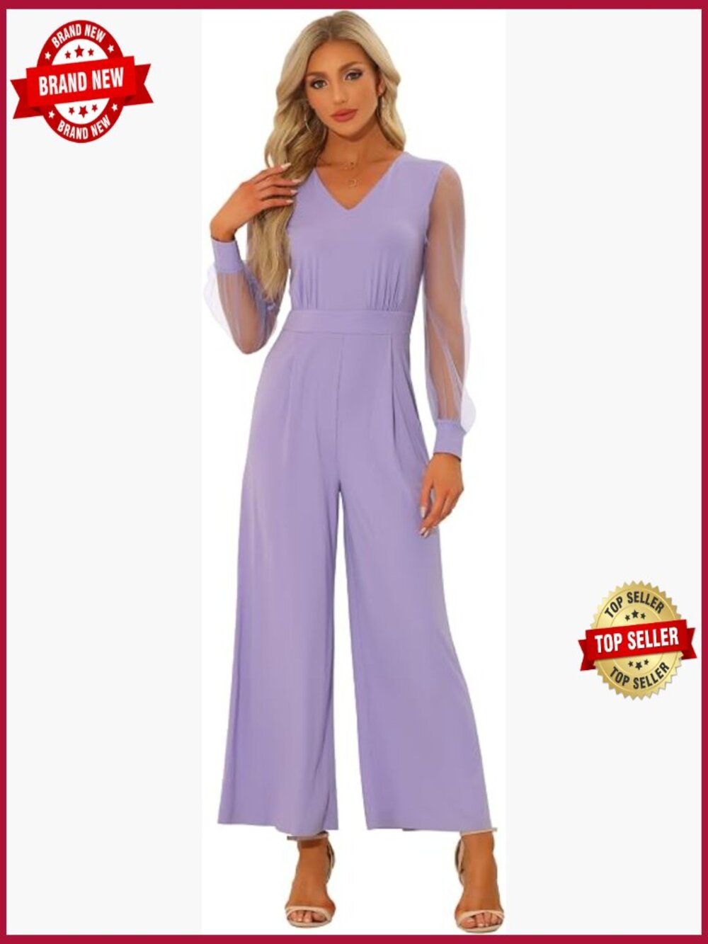 Elegant V Neck Mesh Long Sleeve Wide Leg Romper Party Jumpsuit
